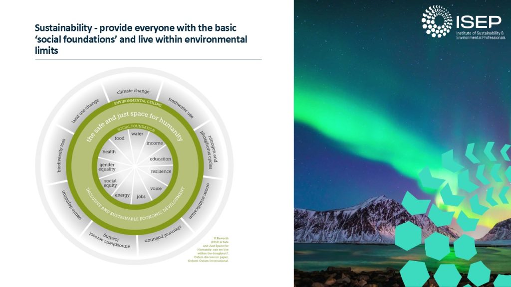 Sustainability - provide everyone with the basic 'social foundations' and live within environmental limits Webinar slide